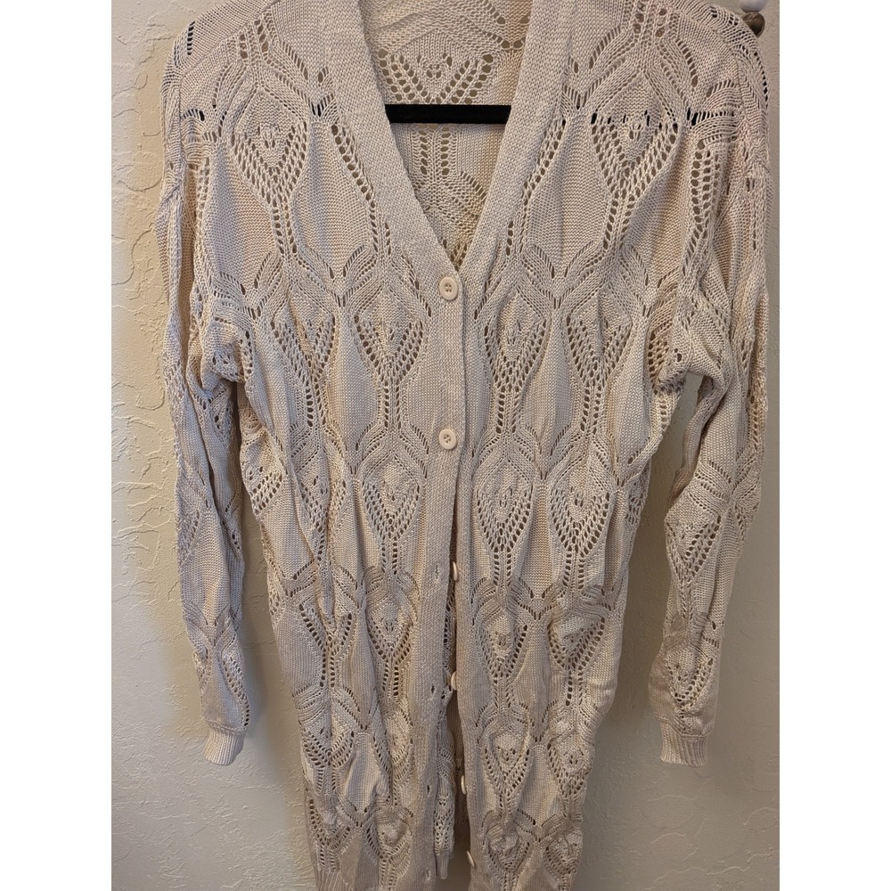 Grace Karin Beige Knit Long Cardigan Sweater Open Front Crochet Lace M